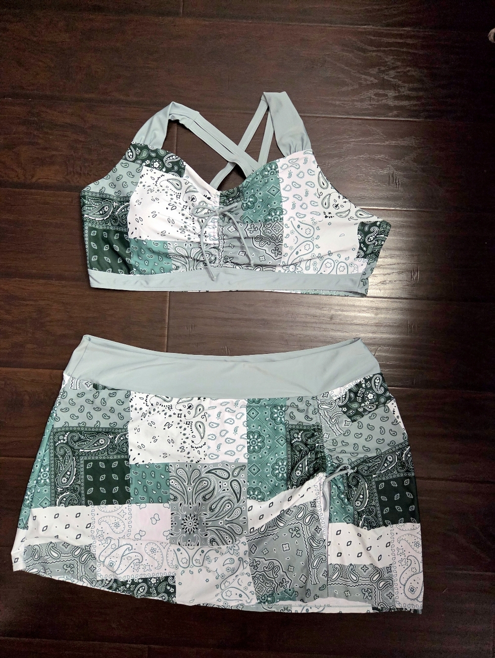 Green Patchwork 2 Piece Bathing Suit